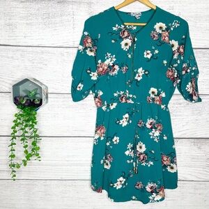 Teal Blue Floral Zipper Front Dress Size Medium